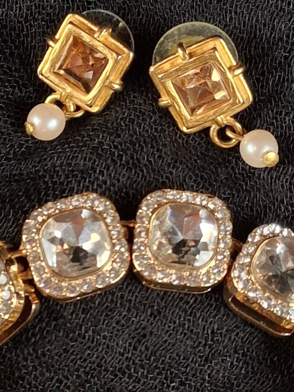 Vintage 90s Square Crystal Link Bracelet & Amber Pearl Drop Earring Set - 2pcs